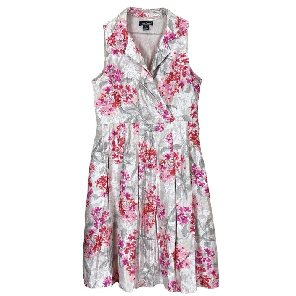 Jessica Howard Floral Pleated Faux Wrap Cocktail Dress Silver Gray Pink Size 16